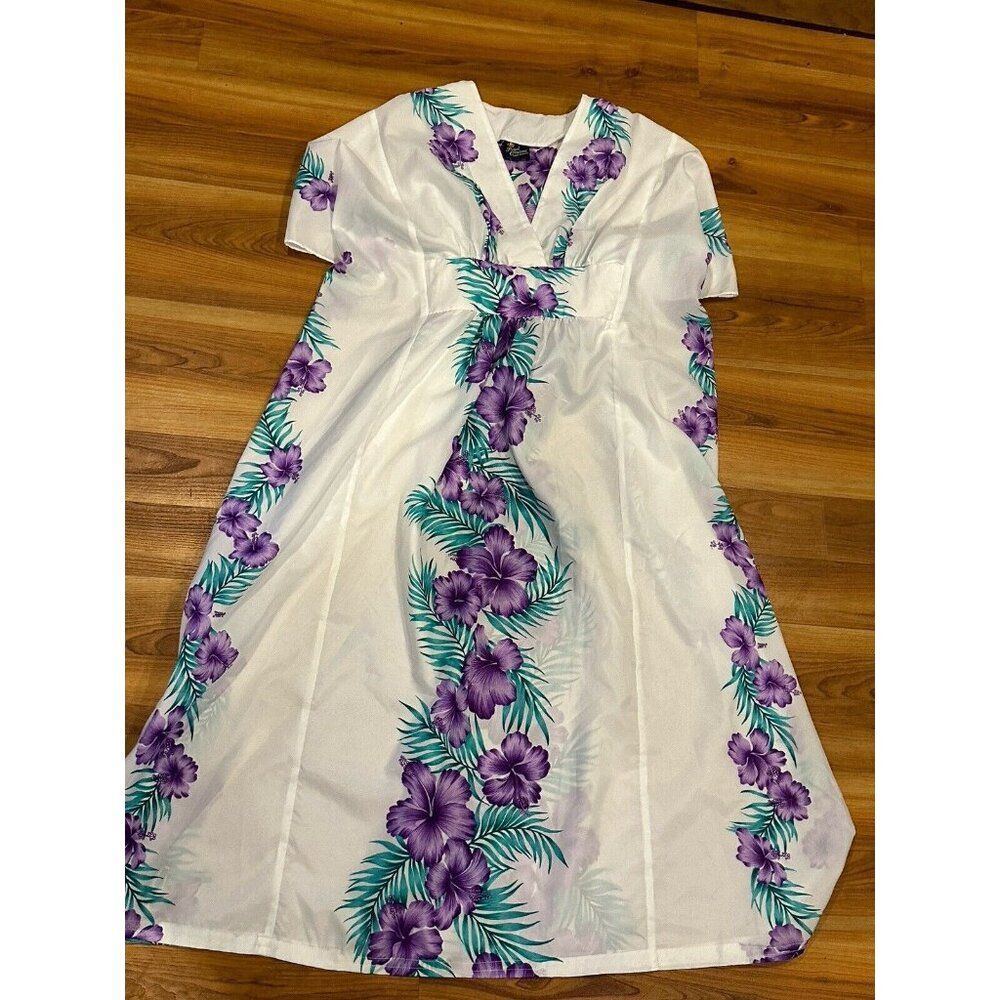 Royal Creations Muu Muu Kimono Hawiian Dress White Aloha Kaftan Floral One Size